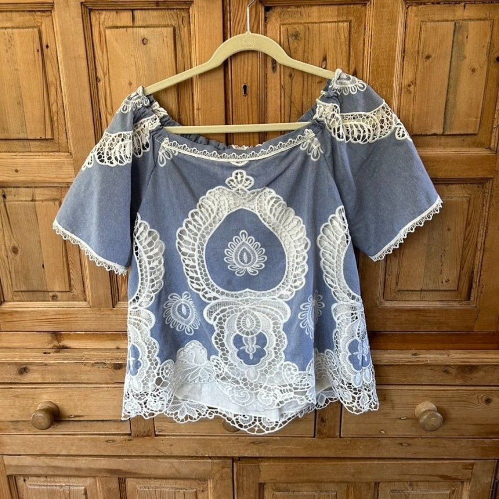 Hale Bob Medium Blue Chrambray Lace Blouse Shirt Off The Shoulder Preppy‎